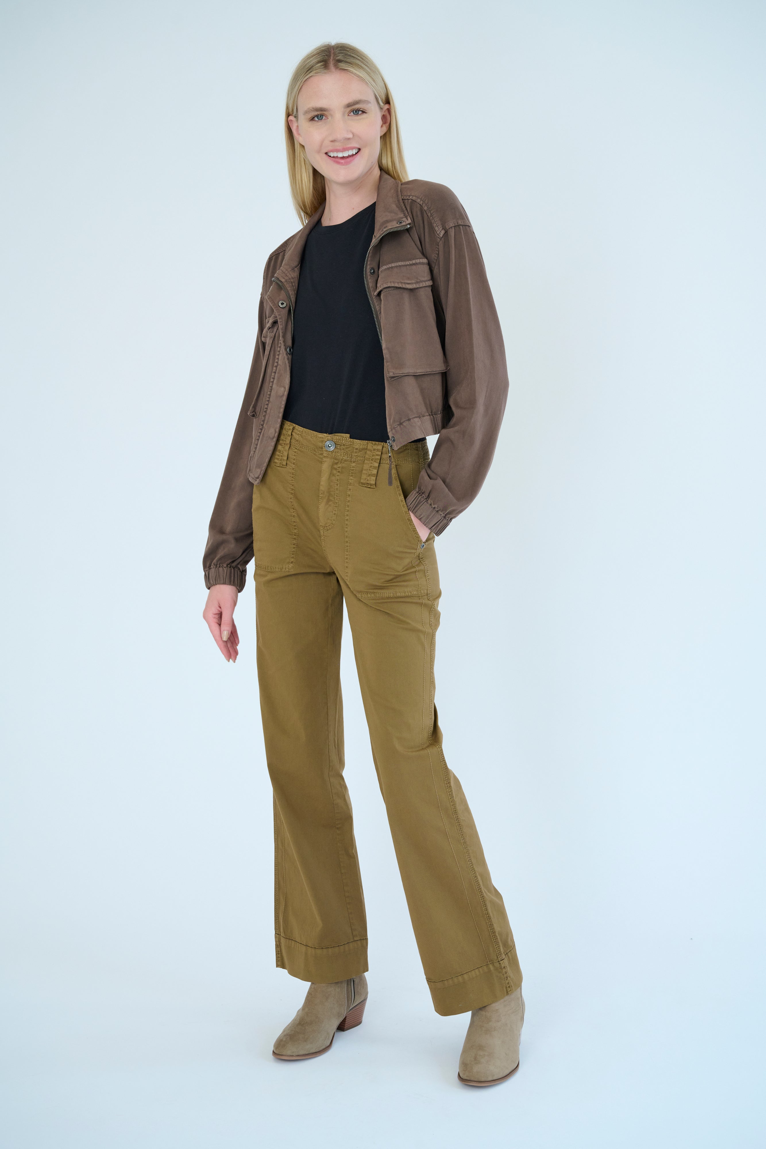 Front view of model wearing Nelle jacket in Hazel color and Darilyn pant in Cheetah color.